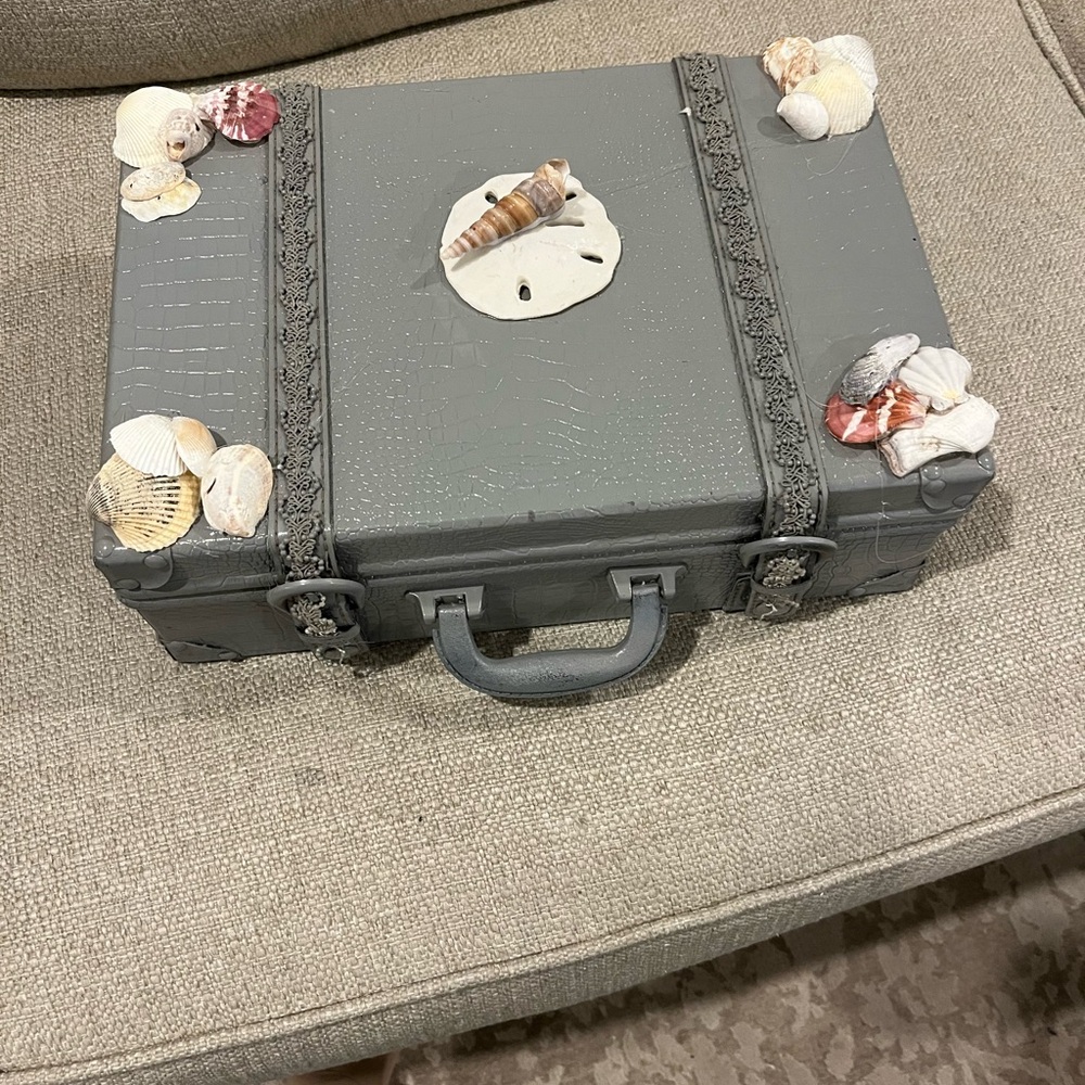 Hand-Painted Gray Decorative Trinket Suitcase with Seashell Accents